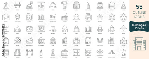 Set of buildings and places  icons. Thin outline icons pack. Vector illustration