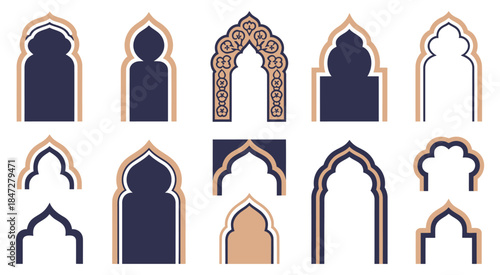 Set of Elegant Islamic and Moroccan Arch Designs, featuring diverse shapes, intricate patterns, and rich color palettes ideal for decorative, cultural, and architectural illustration
