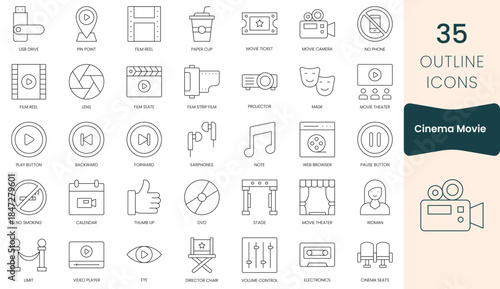 Set of cinema movie  icons. Thin outline icons pack. Vector illustration