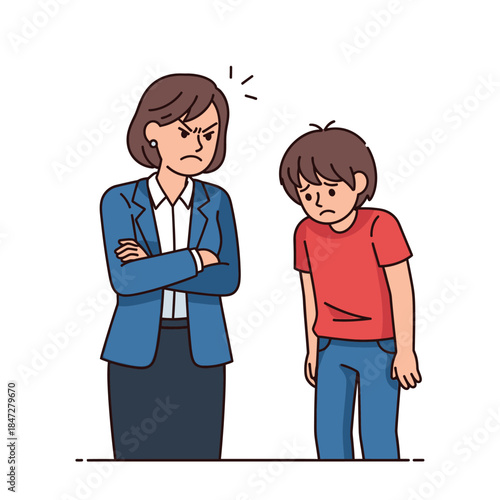 Stern adult woman scolding a sad young boy, illustrating a moment of discipline, conflict, or a serious conversation