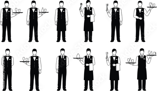 Restaurant waiter uniform silhouettes, professional hospitality staff collection, serving tray poses, elegant service workers, catering illustration set, minimal black white design