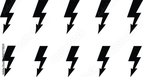 Black lightning bolt icons, energy vector symbols, electric power design, thunder shapes, electricity concept, grid layout, minimal graphic elements