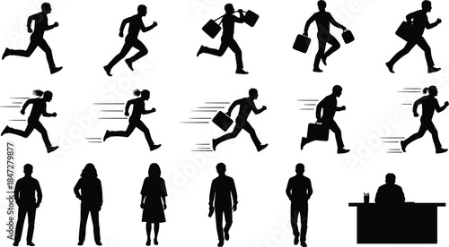 Running business people silhouettes, office workers in motion, rushing professionals, career lifestyle concepts, teamwork urgency, black white vector illustration set