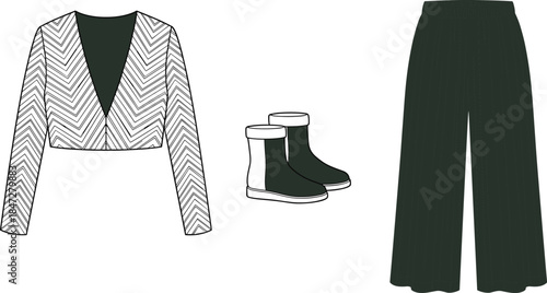 Women fashion outfit illustration with patterned jacket, wide leg pants and ankle boots, modern minimal clothing set design