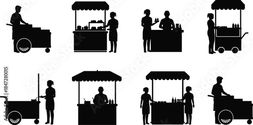 Street food vendor silhouettes with mobile carts, urban market trading, small business stalls, local food service, street commerce illustration set