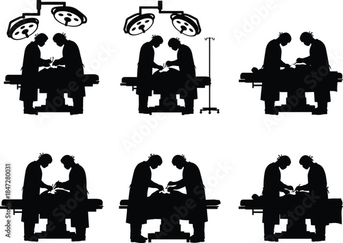 Surgical operation silhouettes, surgeons performing medical procedure, operating room teamwork, hospital healthcare professionals, patient treatment, black white vector illustration