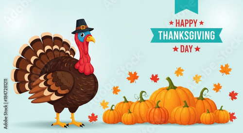 Happy Thanksgiving greeting card featuring a cartoon turkey wearing a pilgrim hat, beside pumpkins and autumn leaves, thanks giving day banner 