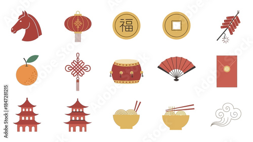 A collection of colorful flat design icons representing various elements of Chinese New Year and traditional culture.