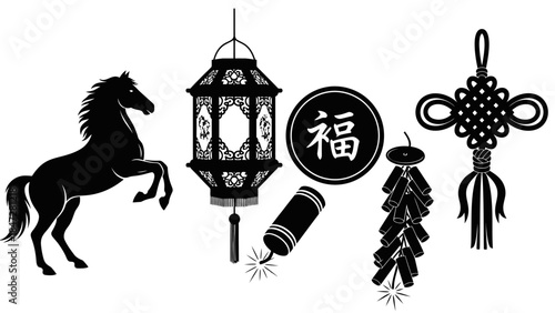 Black silhouettes of Chinese New Year symbols including a horse, lantern, firecrackers, good fortune character, and a decorative knot.