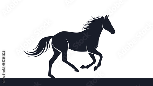 A striking silhouette of a powerful horse galloping with its mane and tail flowing, set against a clean white background.