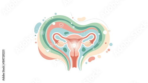 Stylized illustration of female reproductive system with uterus and fallopian tubes surrounded by colorful abstract layers, representing health and fertility.