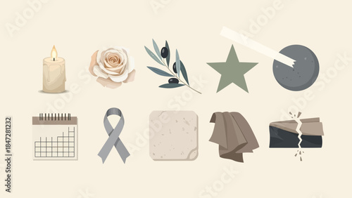 A collection of ten muted-tone icons including a lit candle, rose, olive branch, star, calendar, ribbon, and broken paper, on a light background.