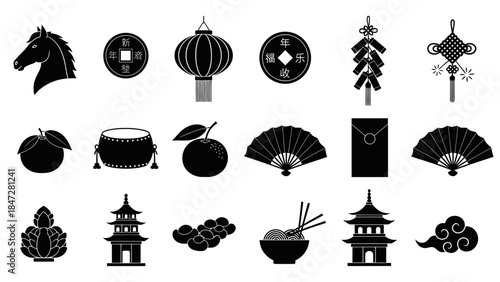 A collection of black silhouette icons representing traditional Chinese culture and New Year symbols.