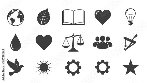A collection of black and white icons representing various concepts like nature, knowledge, love, justice, community, and technology.