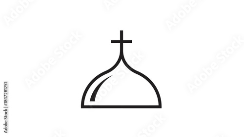 Minimalist line art drawing of a church dome with a cross on top, symbolizing faith and worship.