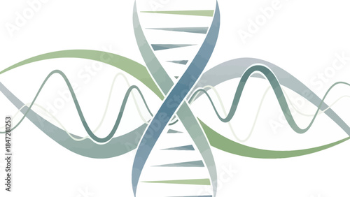 Stylized watercolor illustration of a DNA double helix with abstract wavy lines in blue and green tones on a white background, representing genetics and scientific research.
