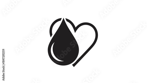 A black teardrop shape representing a blood drop within a heart outline, symbolizing donation, health, and care on a white background.