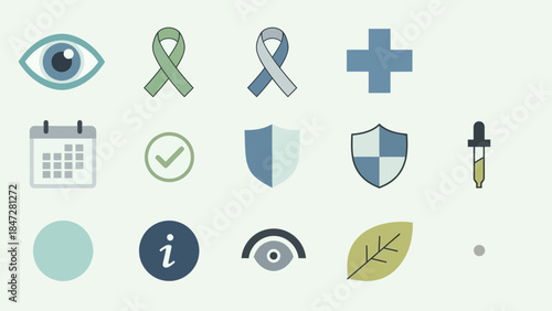 A collection of flat design health and medical icons including eyes, ribbons, cross, calendar, shields, and information symbols.