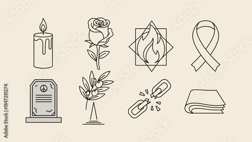 A collection of line art icons representing remembrance, peace, loss, and awareness, including a candle, rose, tombstone, and ribbon.