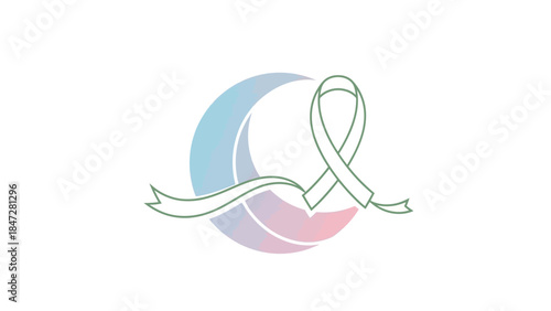 A light green awareness ribbon gracefully wraps around a soft gradient crescent moon shape, symbolizing support and hope.