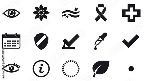 A collection of diverse black and white icons representing various concepts like vision, nature, health, time, security, and information.