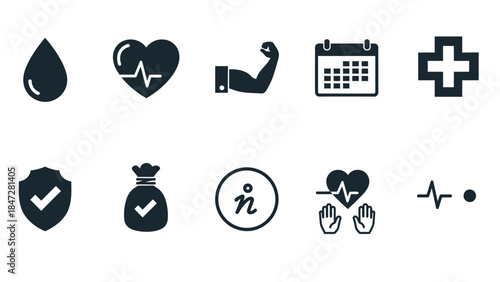 Healthcare and Well-being: A set of health and wellness icons, including a blood drop, heartbeat, muscle arm, calendar, cross symbol, shield, money bag, information icon.