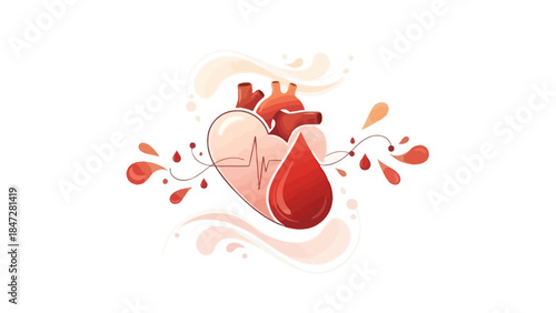 Artistic Heart and Blood Drop: A stylized illustration depicting a heart intertwined with a vivid red blood drop, capturing the essence of life and vitality.