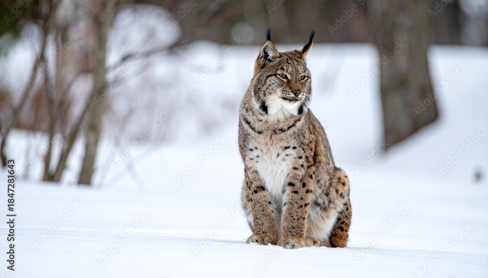 Obraz premium A majestic lynx sits calmly in a pristine snowy forest, showcasing its spotted fur and alert gaze