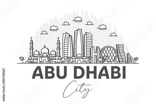 Abu Dhabi, United Arab Emirates architecture line skyline illustration with shadows. Linear vector cityscape with famous landmarks, city sights, design icons.