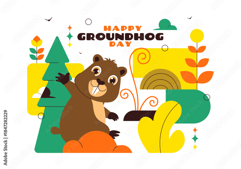 Fototapeta premium Happy Groundhog Day Vector Illustration on February 2 Featuring a Groundhog Emerging from a Hole with Land and Garden Cartoon Background