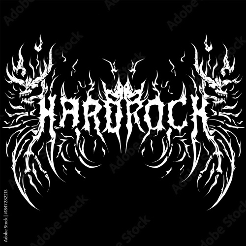 Hardrock lettering vector set in dark tribal metal style with skull and flame elements, ideal for t-shirts, logos, posters, tattoos, and merchandise.