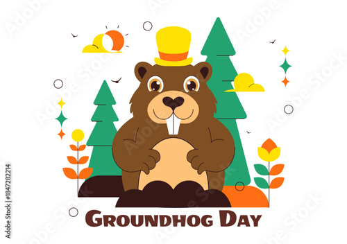 Happy Groundhog Day Vector Illustration on February 2 Featuring a Groundhog Emerging from a Hole with Land and Garden Cartoon Background