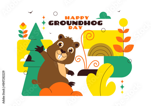 Happy Groundhog Day Vector Illustration on February 2 Featuring a Groundhog Emerging from a Hole with Land and Garden Cartoon Background