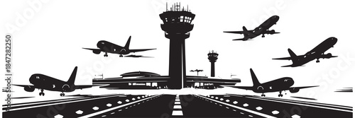 Busy Airport Scene with Airplanes and Control Tower Silhouette Commercial Airplane Takeoff Landing Sequence Airport Control Tower