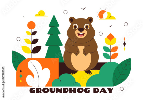Happy Groundhog Day Vector Illustration on February 2 Featuring a Groundhog Emerging from a Hole with Land and Garden Cartoon Background