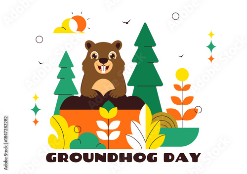 Happy Groundhog Day Vector Illustration on February 2 Featuring a Groundhog Emerging from a Hole with Land and Garden Cartoon Background