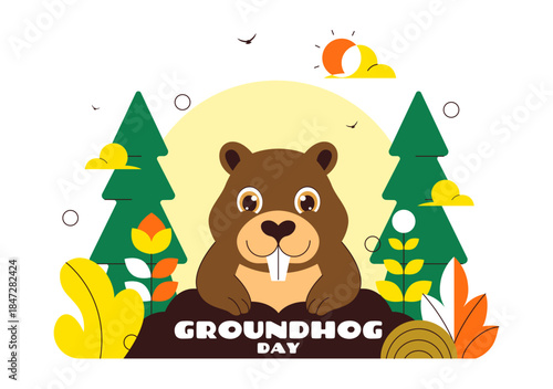 Happy Groundhog Day Vector Illustration on February 2 Featuring a Groundhog Emerging from a Hole with Land and Garden Cartoon Background