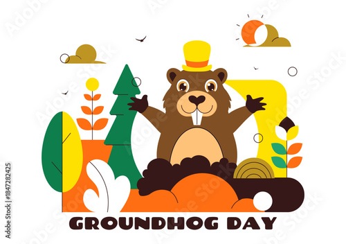 Happy Groundhog Day Vector Illustration on February 2 Featuring a Groundhog Emerging from a Hole with Land and Garden Cartoon Background
