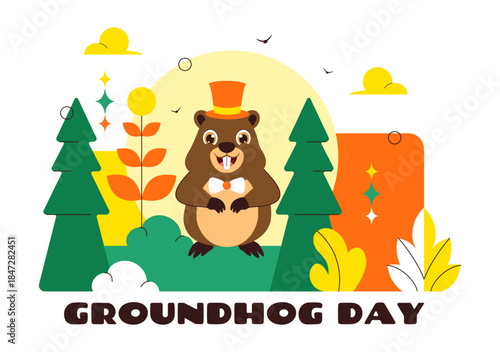Happy Groundhog Day Vector Illustration on February 2 Featuring a Groundhog Emerging from a Hole with Land and Garden Cartoon Background