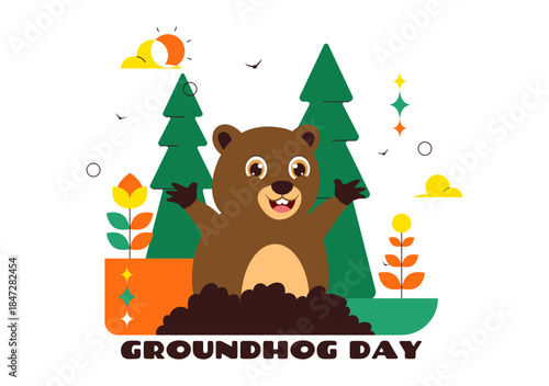 Happy Groundhog Day Vector Illustration on February 2 Featuring a Groundhog Emerging from a Hole with Land and Garden Cartoon Background