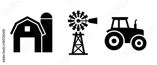 A collection of essential agricultural icons featuring a barn, silo, windmill, and tractor