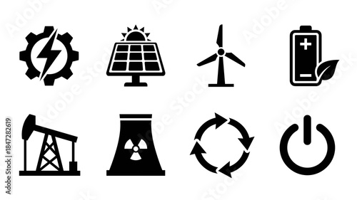 Diverse energy sources and power icons illustrating renewable, non-renewable, and sustainable options