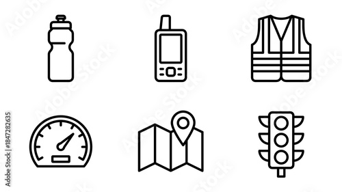 Essential outline icons for navigation, safety, communication, and travel tools