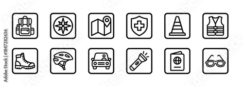 Essential travel and safety equipment outline icons for adventure and navigation needs