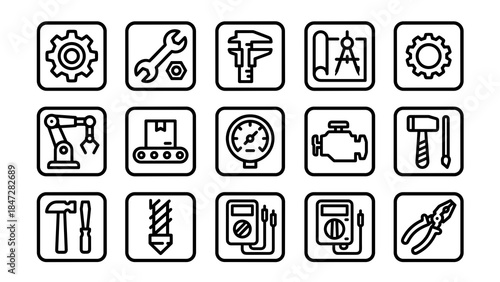 Essential outline icons for engineering, industry, and construction tools and concepts