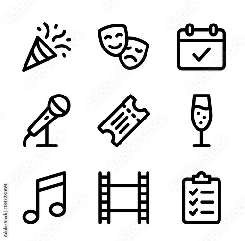 Entertainment and event planning line icons collection for celebration and leisure activities