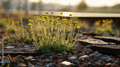 ballast. Wildflowers growing between weathered railway sleepers at golden hour. safety posters, maintenance manuals, designed for precision metalworking and fabrication facilities, supports safety.