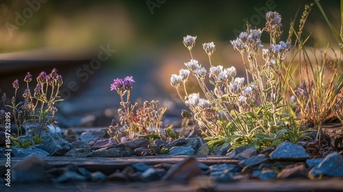 ballast. Wildflowers growing between weathered railway sleepers at golden hour. safety posters, maintenance manuals, designed for precision metalworking and fabrication facilities, supports safety.