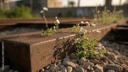 ballast. Wildflowers growing between weathered railway sleepers at golden hour. safety posters, maintenance manuals, designed for precision metalworking and fabrication facilities, supports safety.