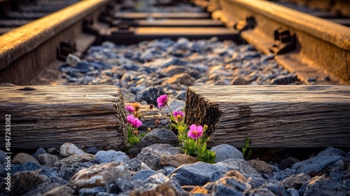 ballast. Wildflowers growing between weathered railway sleepers at golden hour. safety posters, maintenance manuals, designed for precision metalworking and fabrication facilities, supports safety.